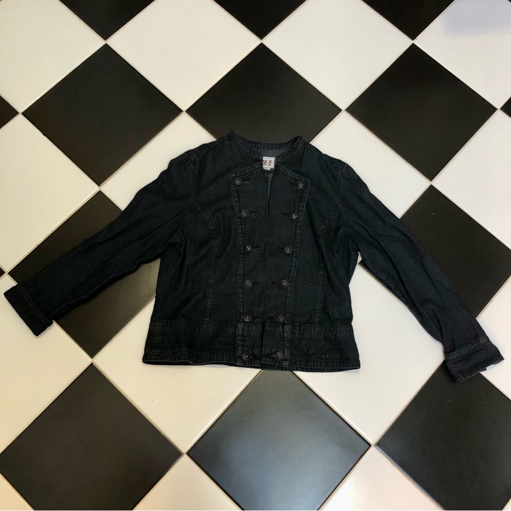 Vintage Y2K AMX Cropped Denim Jacket Military Style Dark Wash Navy Blue 00s sz L